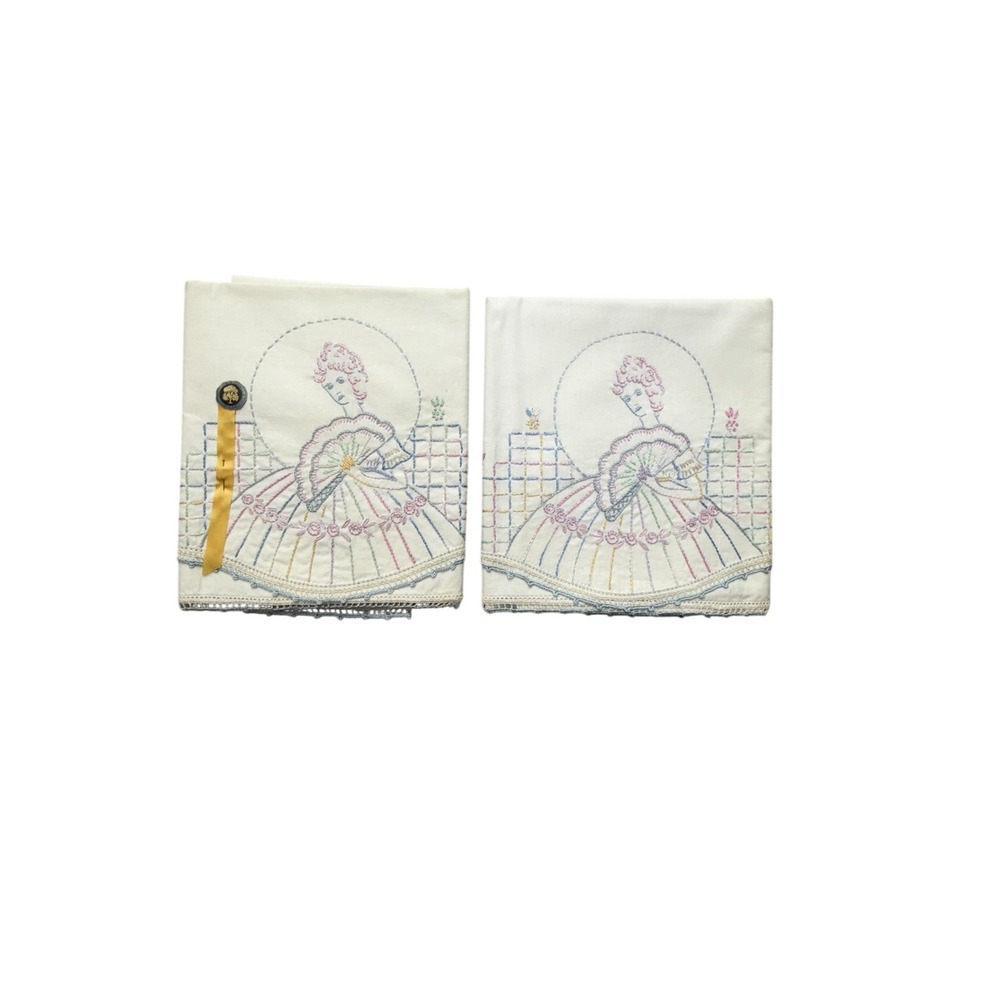 Vintage Hand Embroidered Pillowcases Set 2 Lady Fan White Standard PTA Pin
